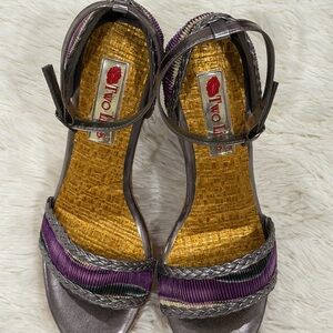 Two Lips Purple/Black/Metallic Pewter Wedge Sandals - Size 10 (NWOT)